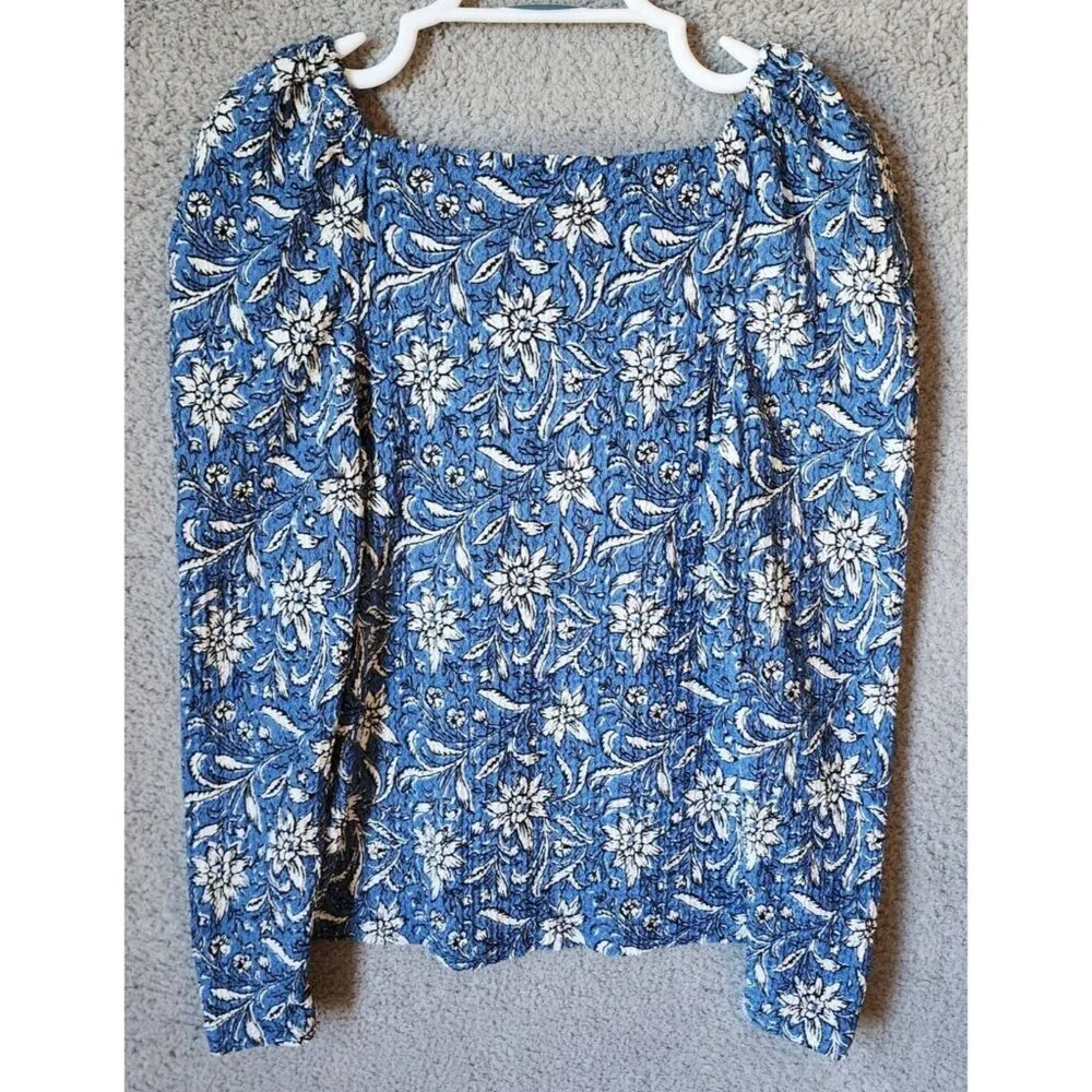 LOFT Women's Square Neck Long Puff Sleeve‎ Blouse Top Blue/White Floral Size S